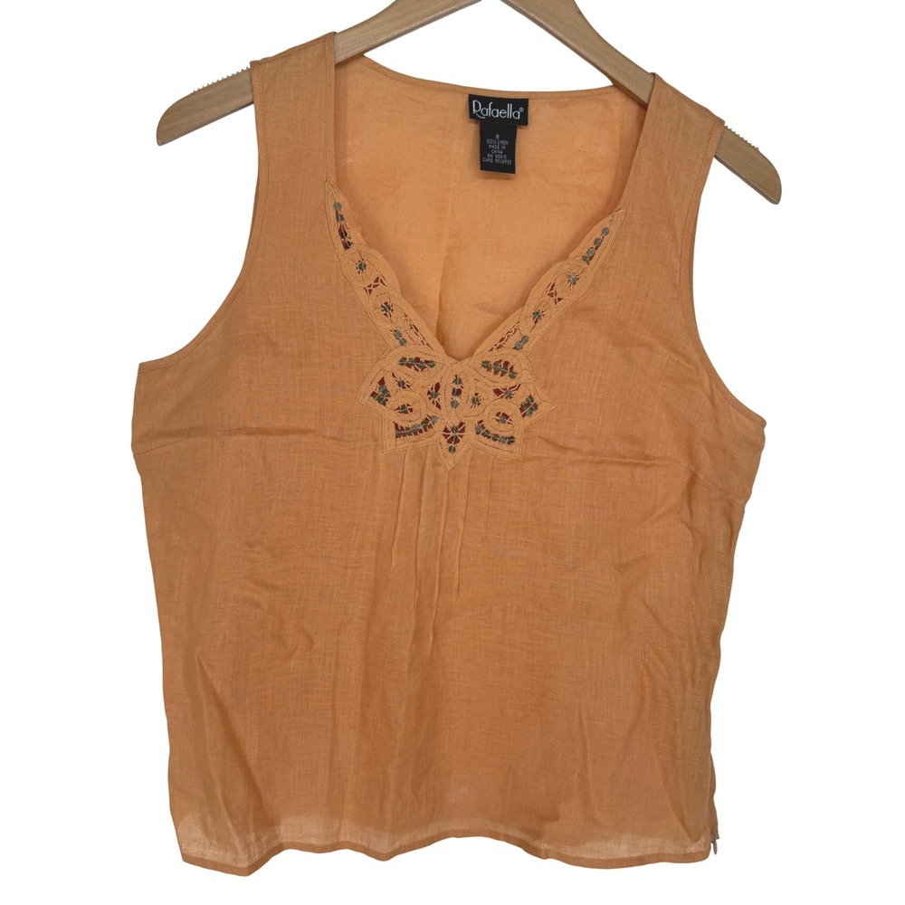 Vintage 100% Linen Embroidered Sleeveless Top 8 Camel Capsule Old Money Boho